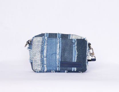 Distressed Denim Panel Patchwork Crossbody Bag