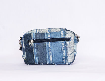 Distressed Denim Panel Patchwork Crossbody Bag