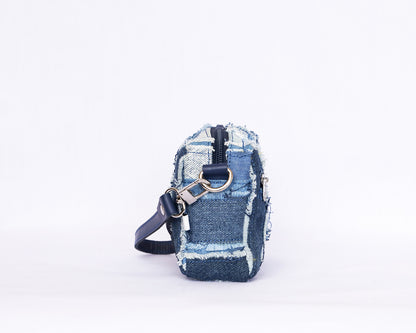 Distressed Denim Panel Patchwork Crossbody Bag